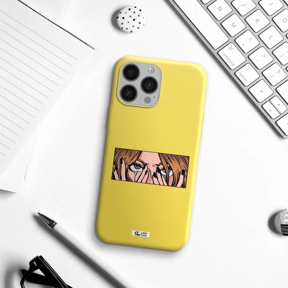 a cartoon of a woman holding her eyes Apple iPhone 13 Pro Silicone canary yellow Case