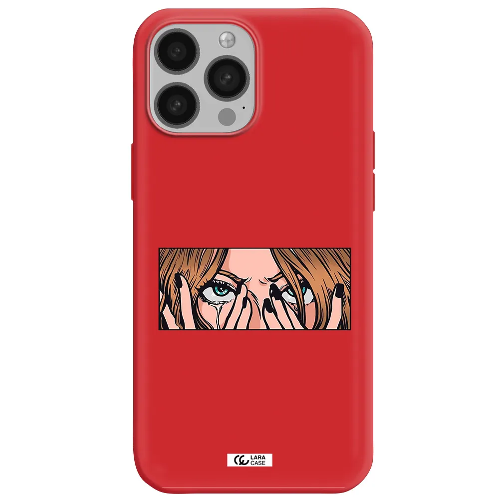 a cartoon of a woman holding her eyes Apple iPhone 13 Pro Silicone Imperial Red Case