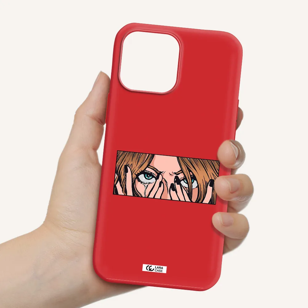 a cartoon of a woman holding her eyes Apple iPhone 13 Pro Silicone Imperial Red Case