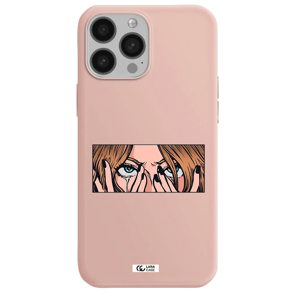 a cartoon of a woman holding her eyes Apple iPhone 13 Pro Silicone pastel pink Case