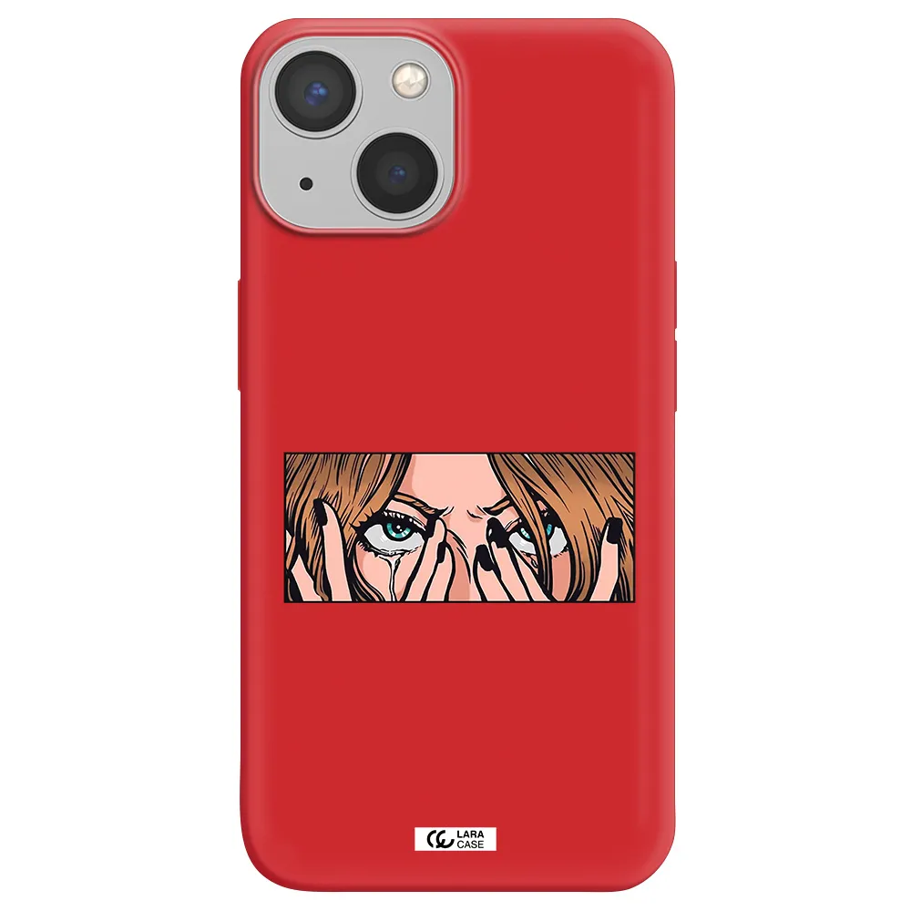 a cartoon of a woman holding her eyes Apple iPhone 13 Silicone Imperial Red Case