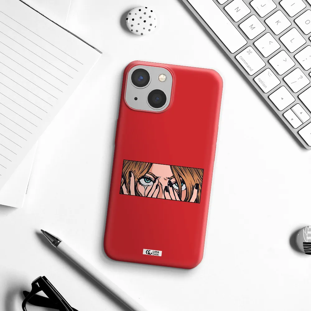 a cartoon of a woman holding her eyes Apple iPhone 13 Silicone Imperial Red Case