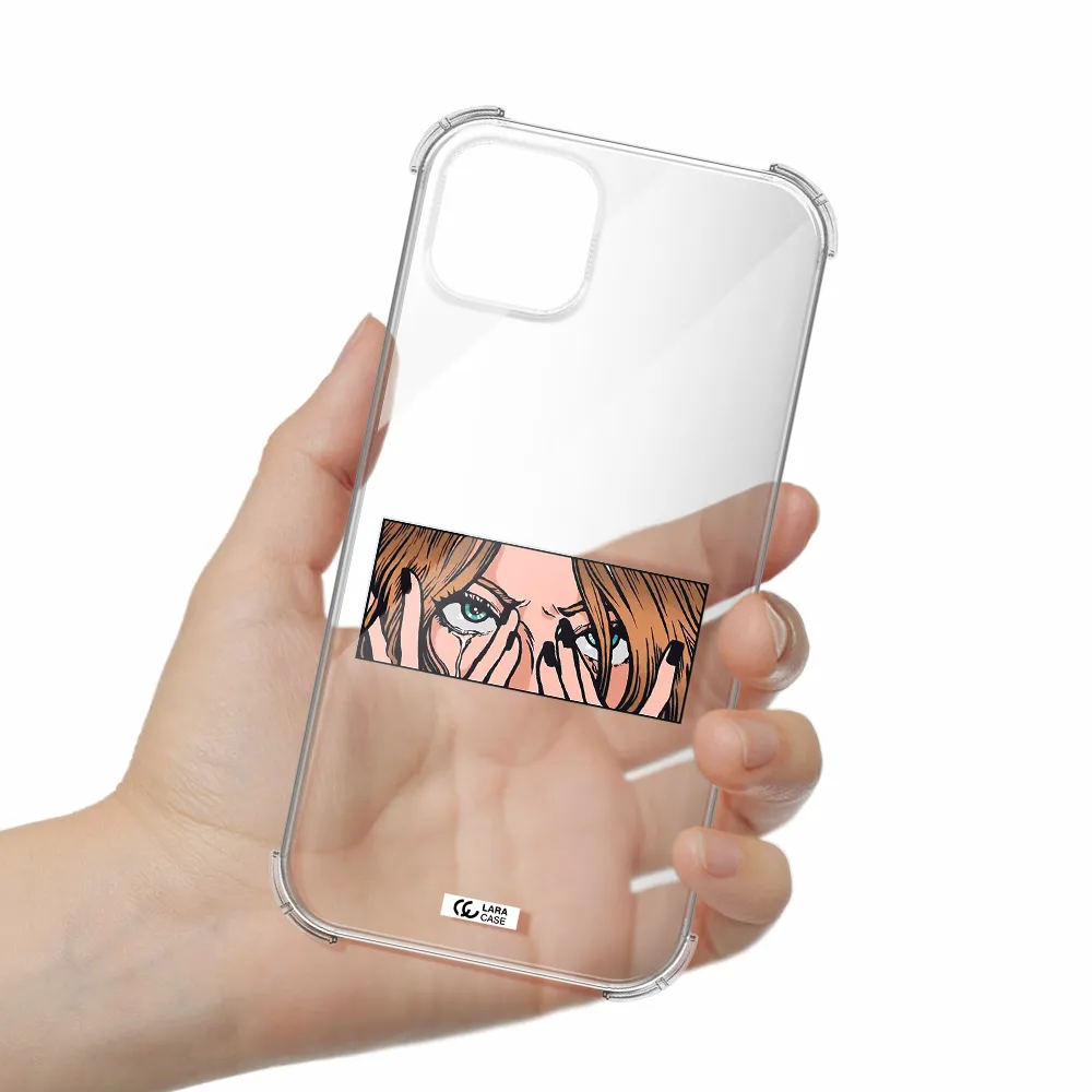 a cartoon of a woman holding her eyes Apple iPhone 14 Clear PC Case