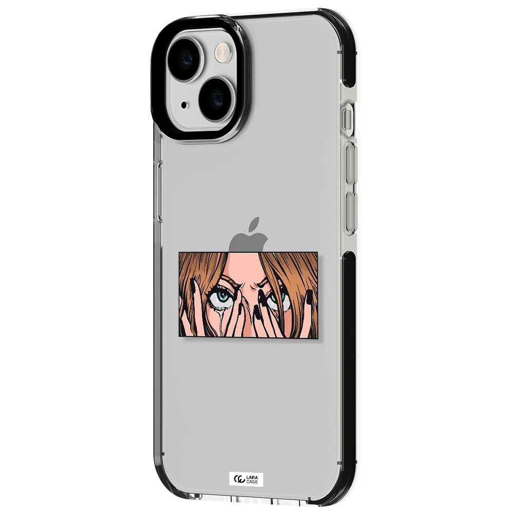 a cartoon of a woman holding her eyes Apple iPhone 14 impact black border Case