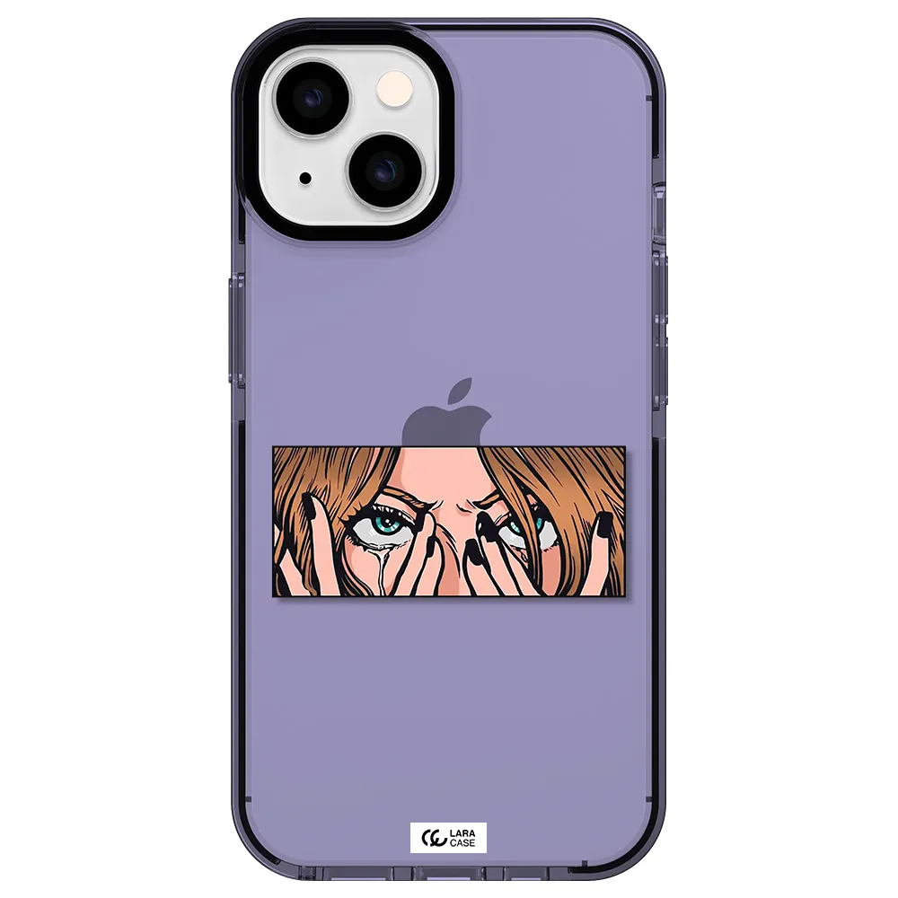 a cartoon of a woman holding her eyes Apple iPhone 14 impact Lilac Case