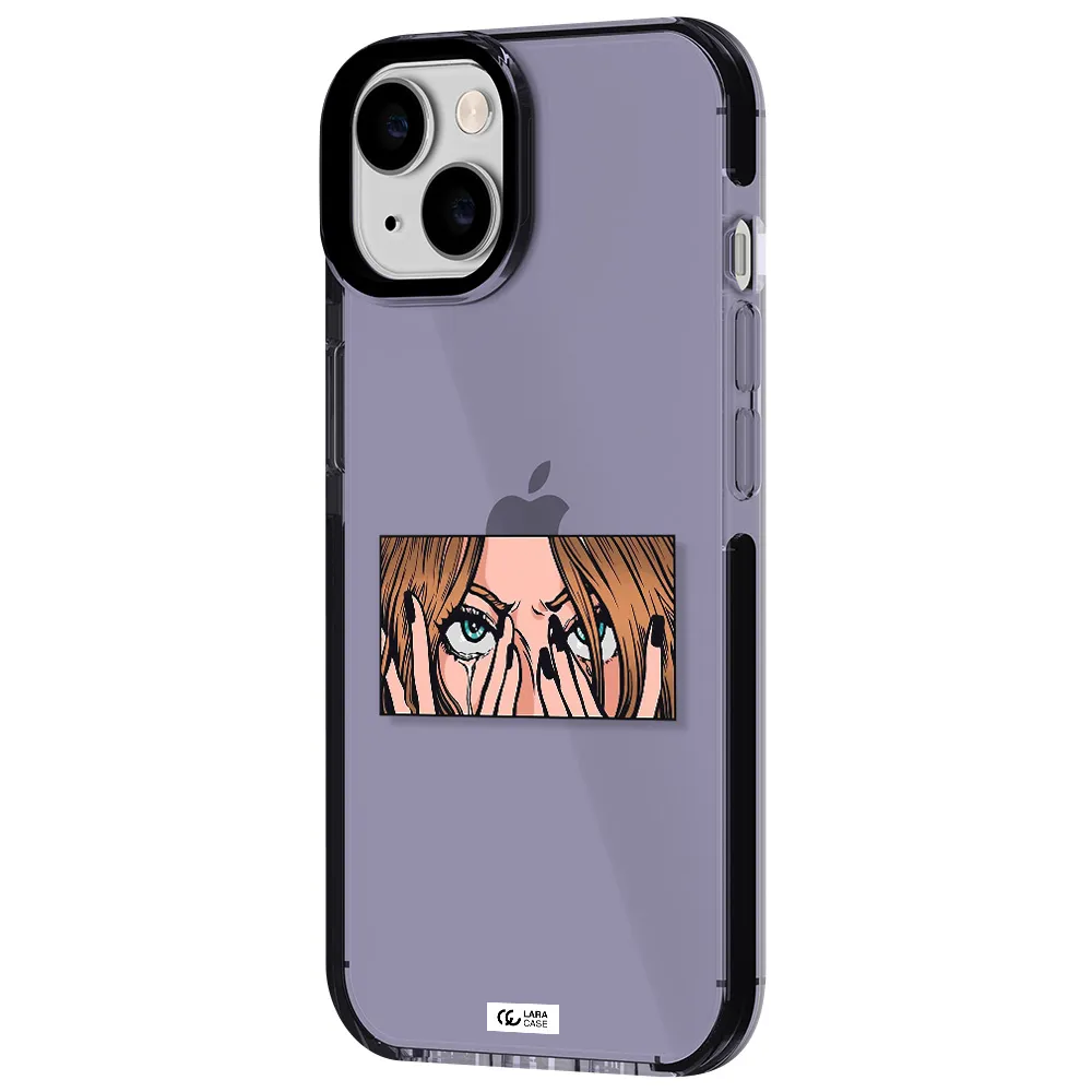a cartoon of a woman holding her eyes Apple iPhone 14 impact Lilac Case