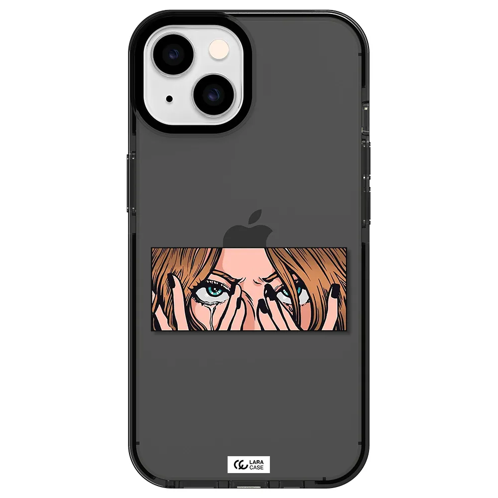 a cartoon of a woman holding her eyes Apple iPhone 14 impact Smoke Black Case