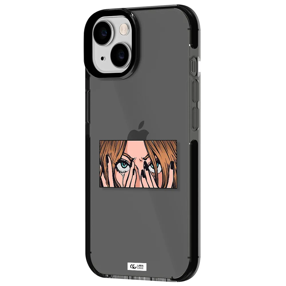 a cartoon of a woman holding her eyes Apple iPhone 14 impact Smoke Black Case