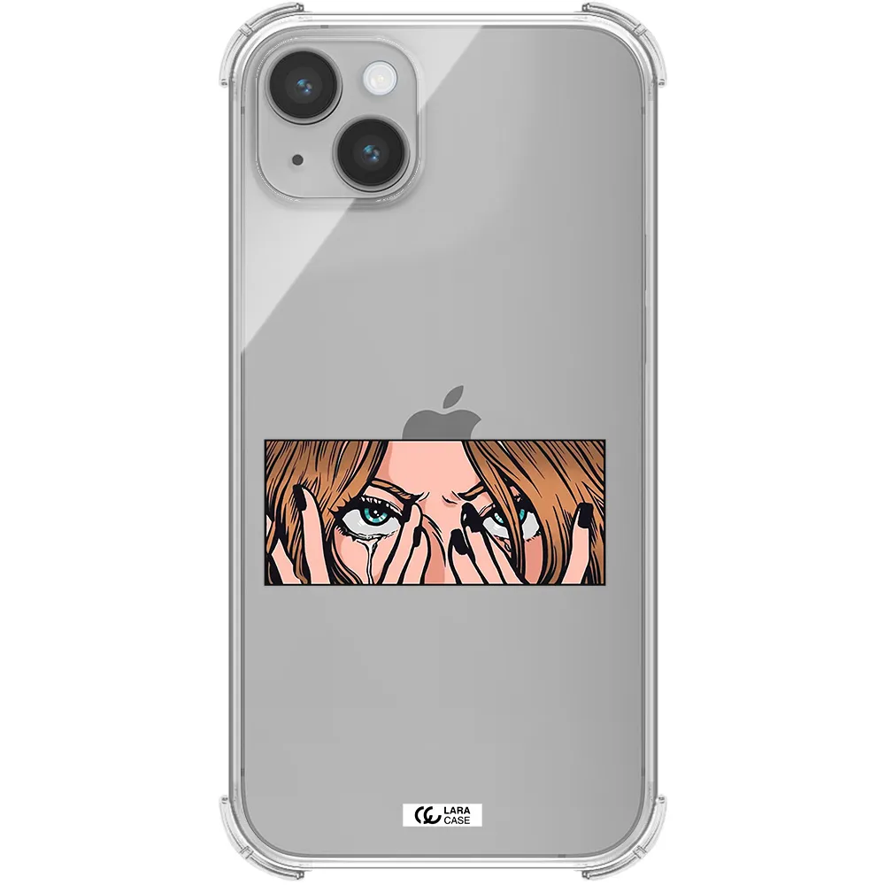 a cartoon of a woman holding her eyes Apple iPhone 14 plus Clear PC Case