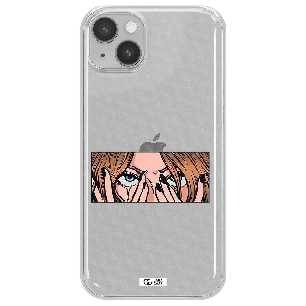 a cartoon of a woman holding her eyes Apple iPhone 14 plus Clear TPU Case
