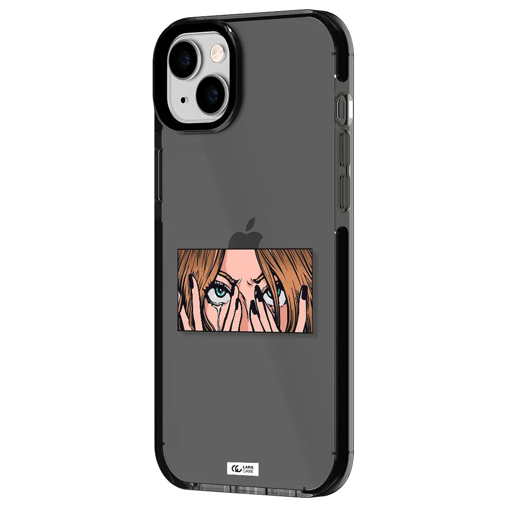 a cartoon of a woman holding her eyes Apple iPhone 14 plus impact Smoke Black Case