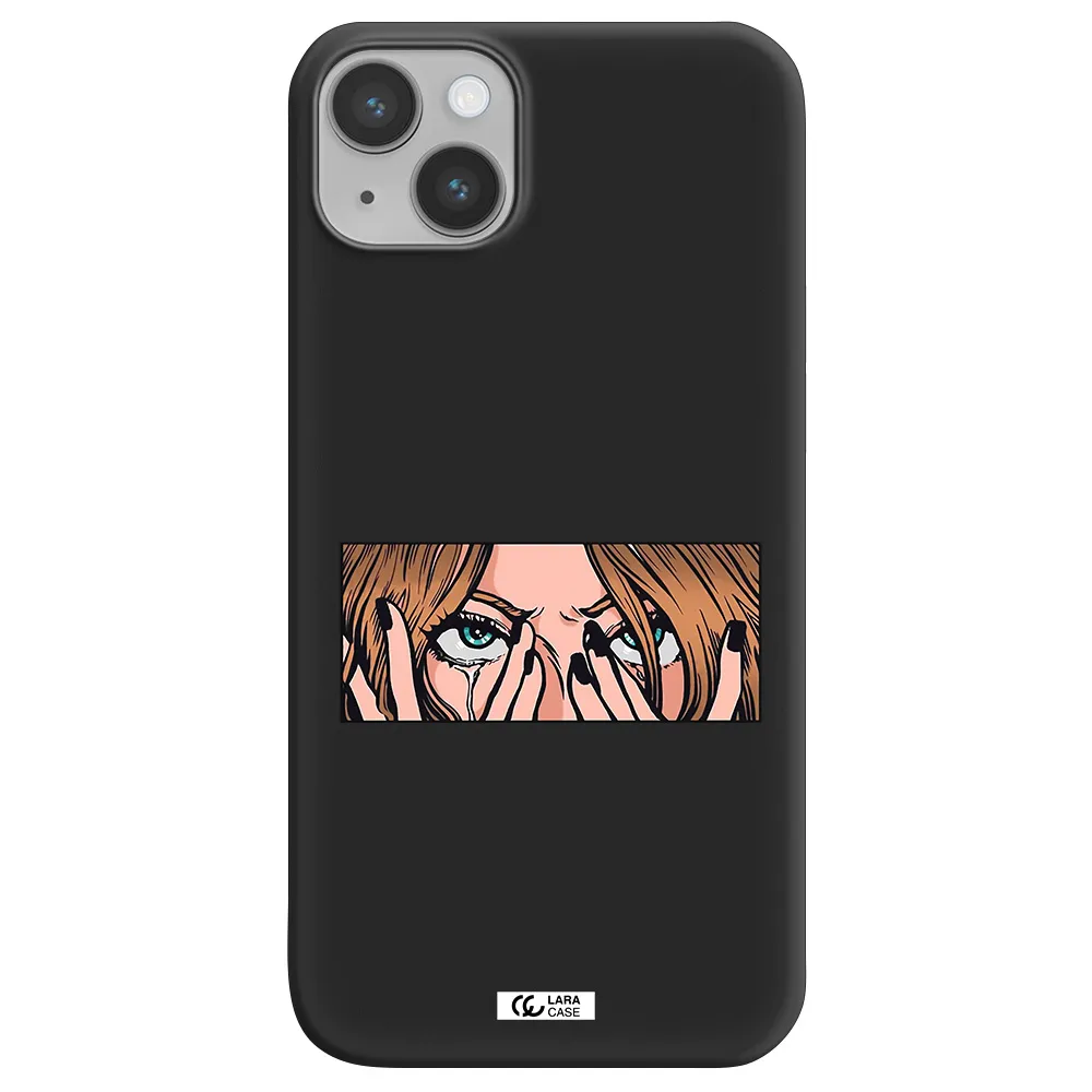 a cartoon of a woman holding her eyes Apple iPhone 14 plus Silicone black Case
