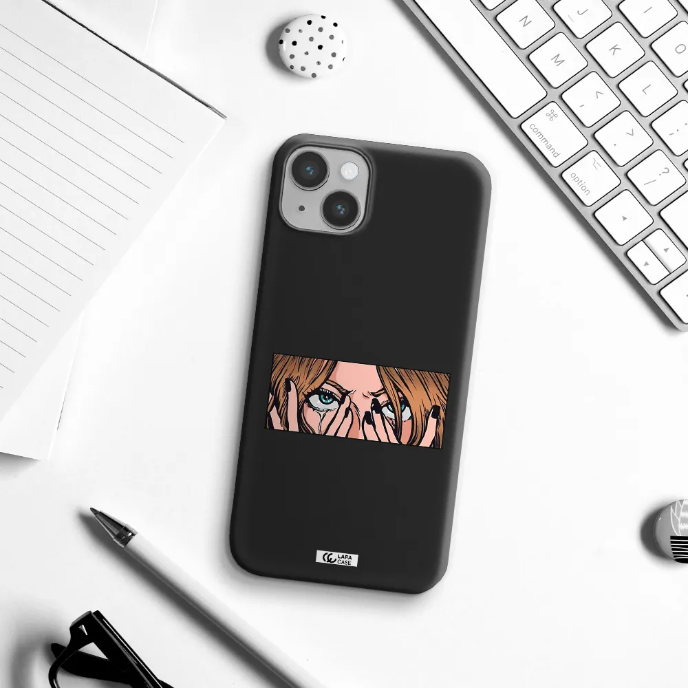 a cartoon of a woman holding her eyes Apple iPhone 14 plus Silicone black Case