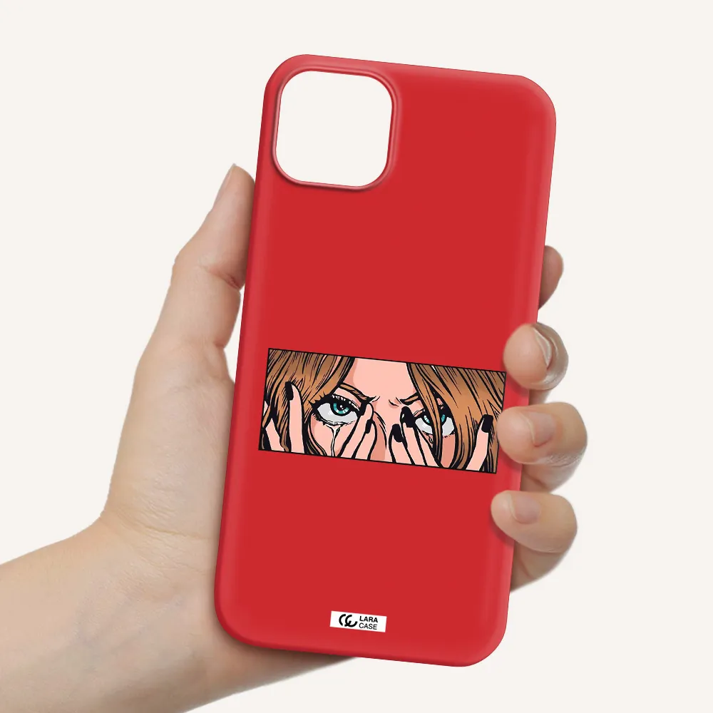 a cartoon of a woman holding her eyes Apple iPhone 14 plus Silicone Imperial Red Case