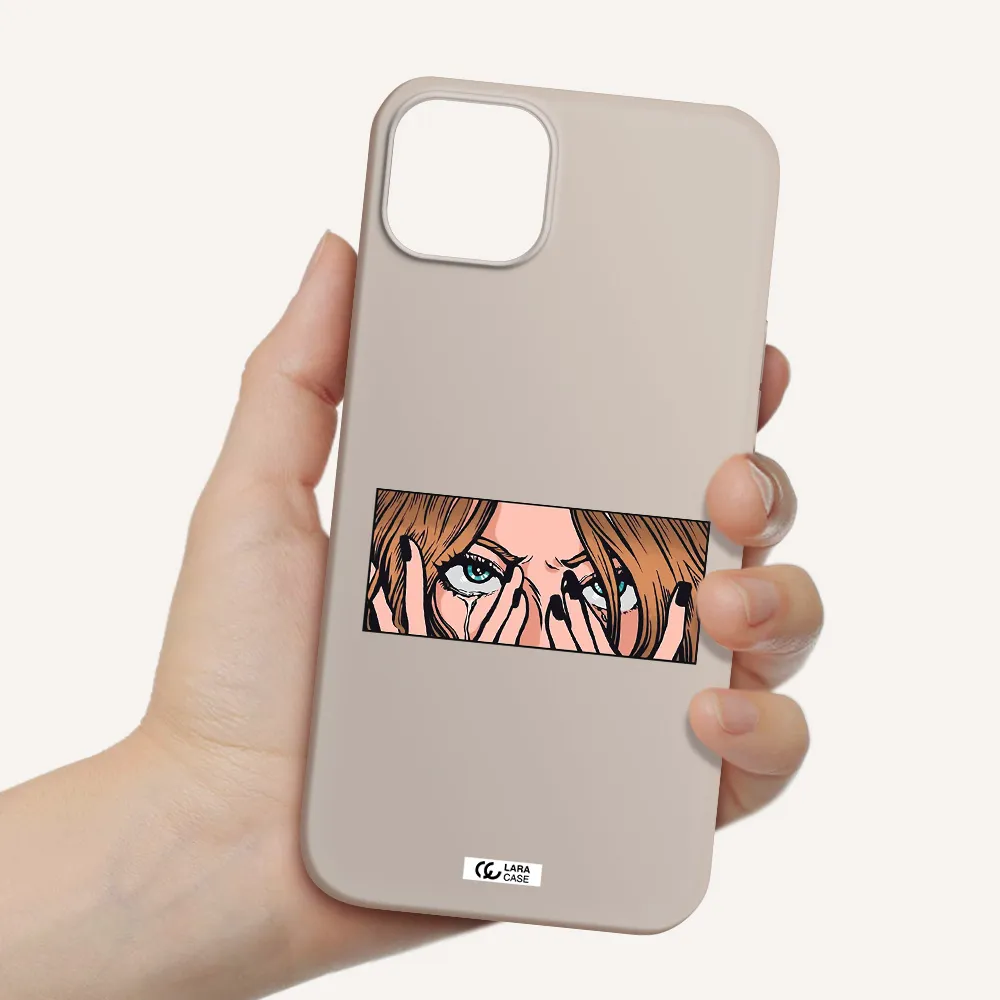 a cartoon of a woman holding her eyes Apple iPhone 14 plus Silicone Stone Case