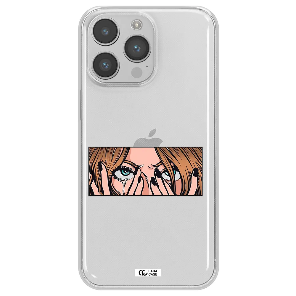 a cartoon of a woman holding her eyes Apple iPhone 14 pro Clear TPU Case