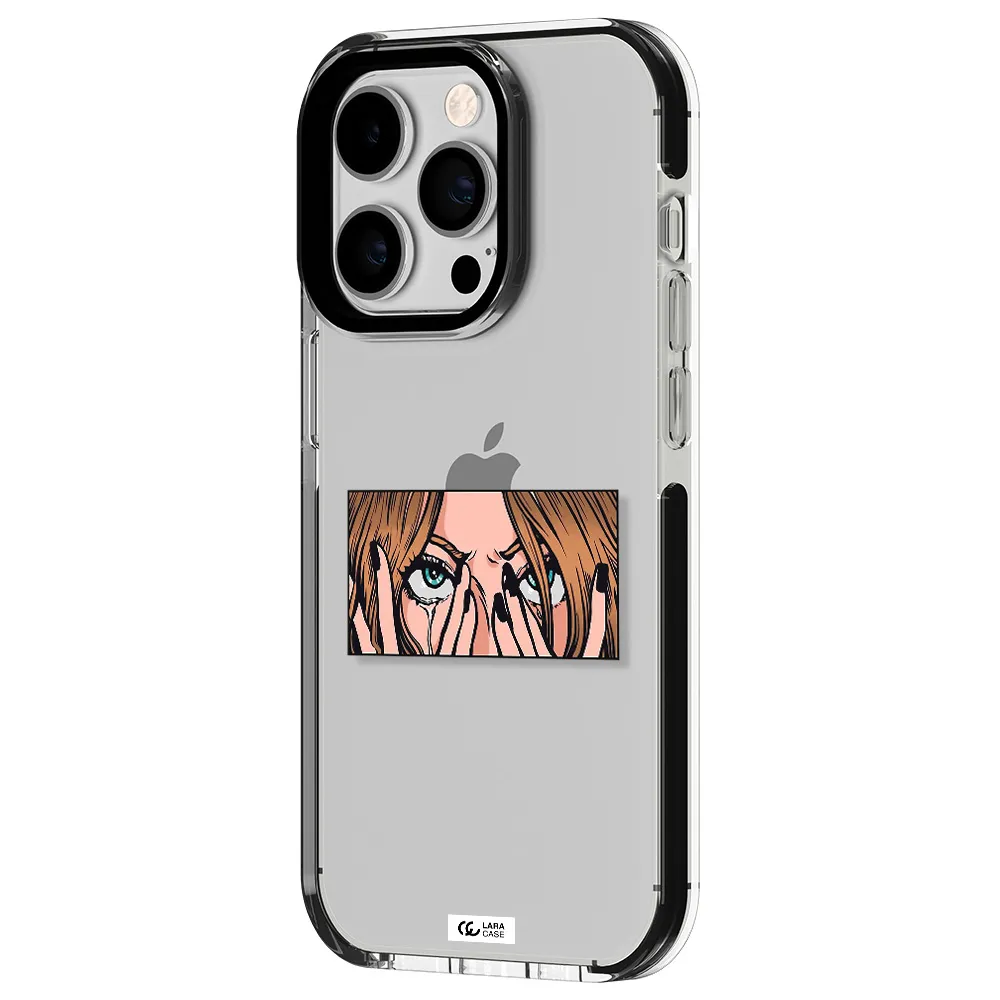 a cartoon of a woman holding her eyes Apple iPhone 14 pro impact black border Case