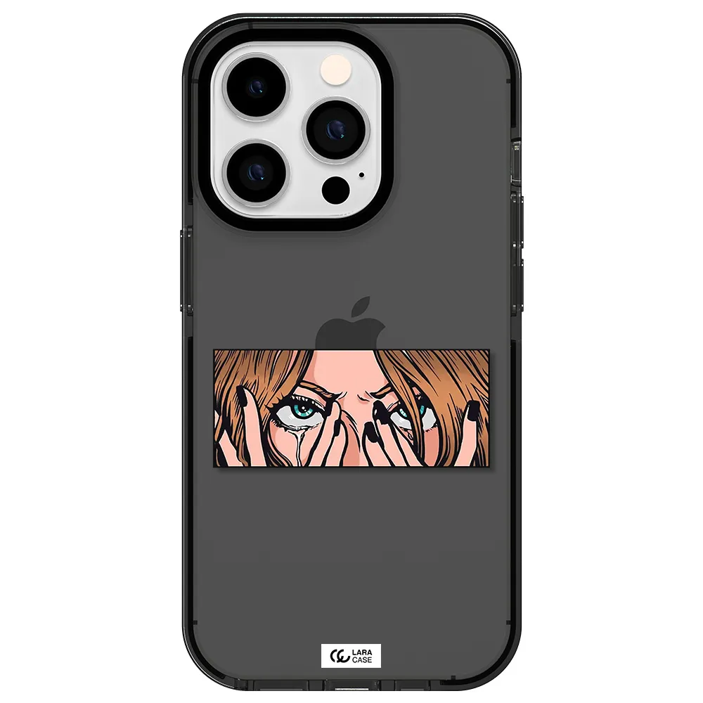 a cartoon of a woman holding her eyes Apple iPhone 14 pro impact Smoke Black Case