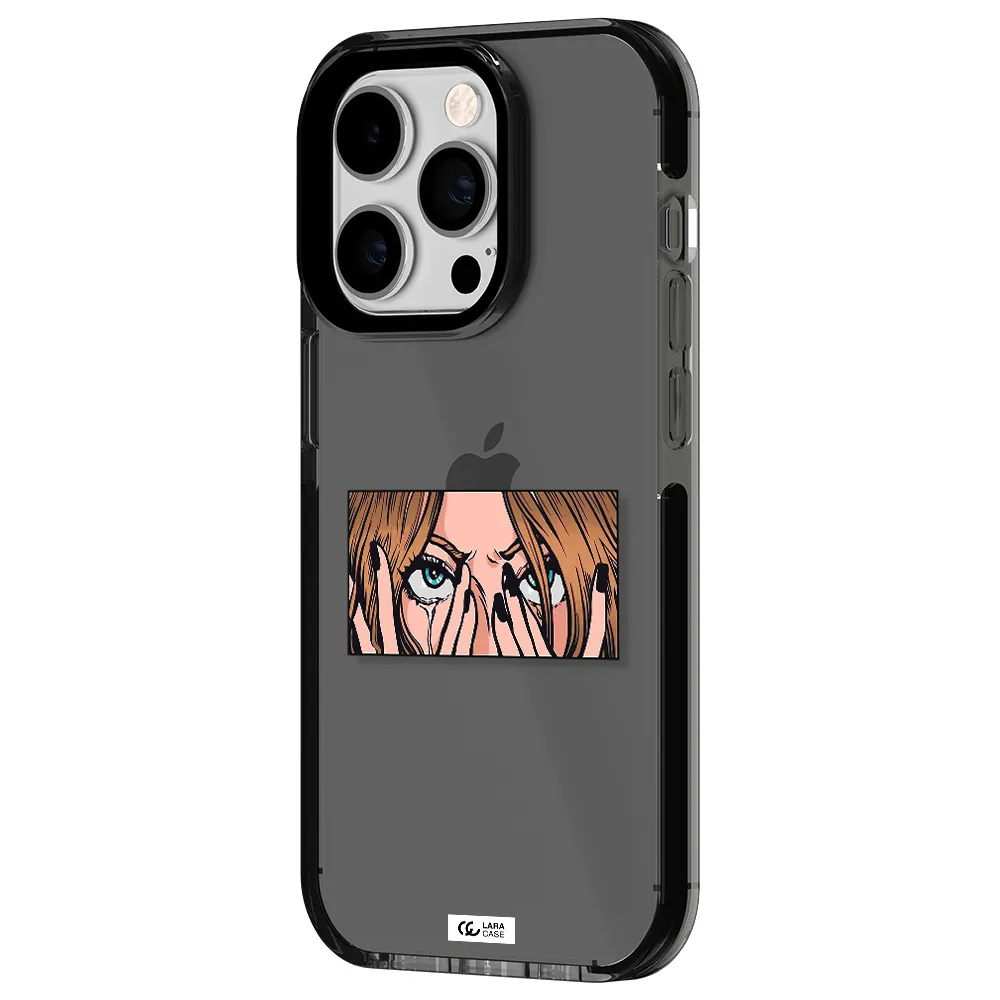 a cartoon of a woman holding her eyes Apple iPhone 14 pro impact Smoke Black Case