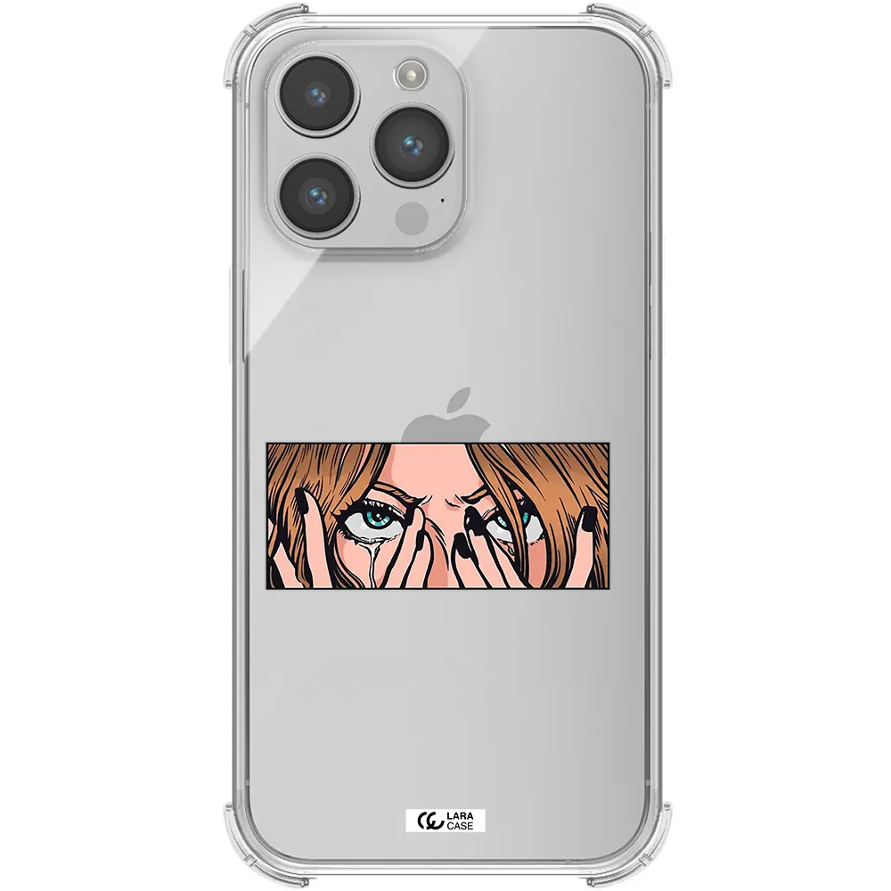 a cartoon of a woman holding her eyes Apple iPhone 14 pro max Clear PC Case