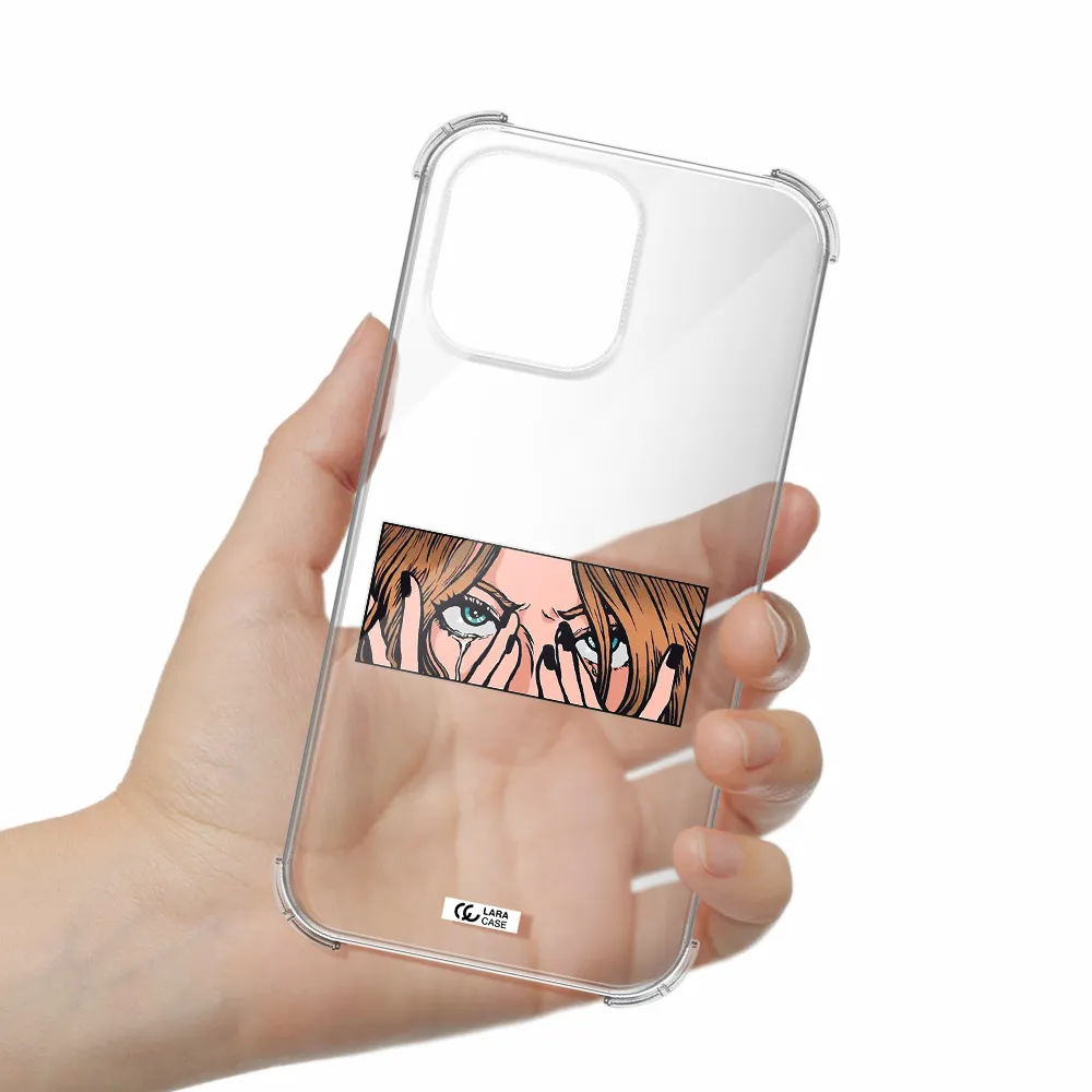 a cartoon of a woman holding her eyes Apple iPhone 14 pro max Clear PC Case