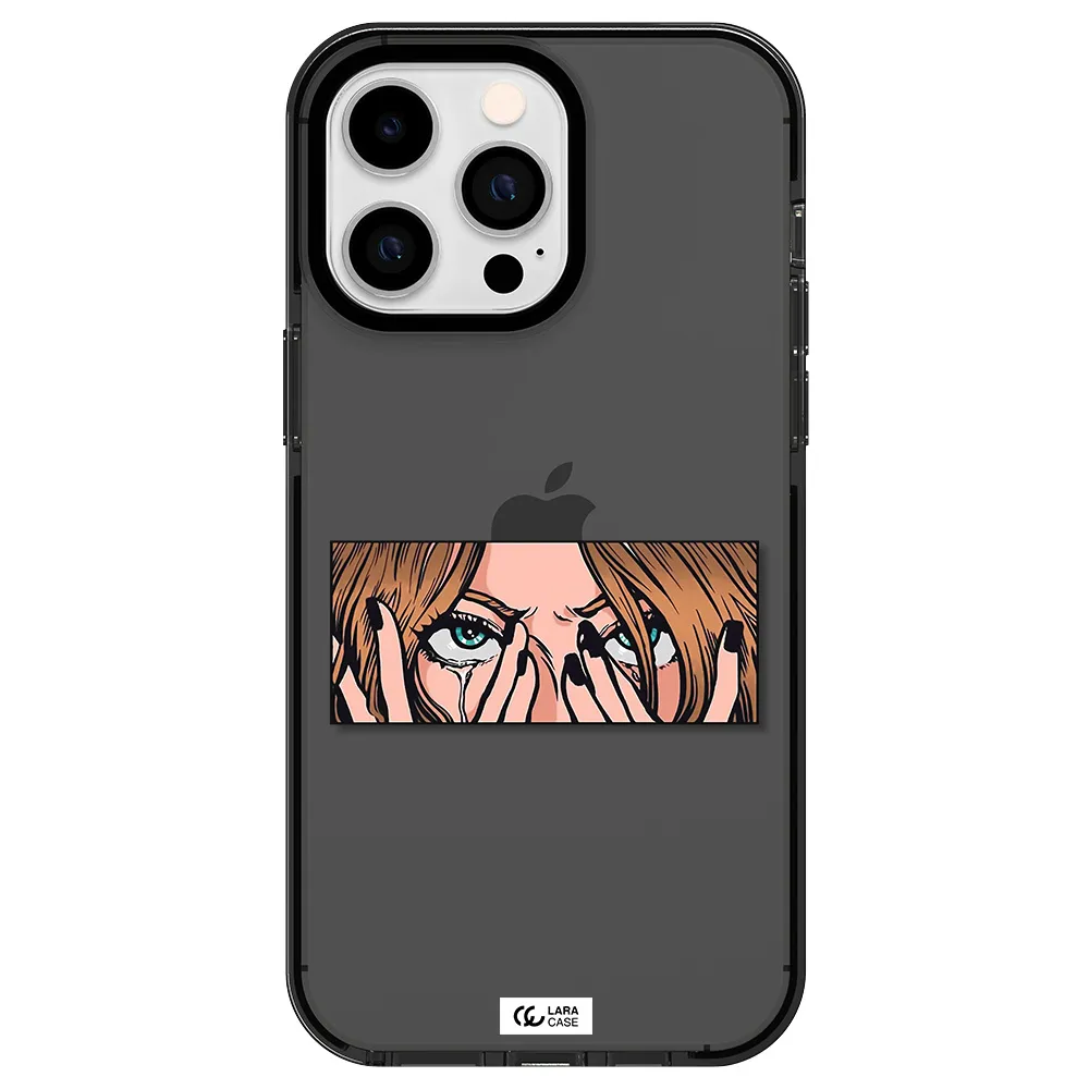 a cartoon of a woman holding her eyes Apple iPhone 14 pro max impact Smoke Black Case