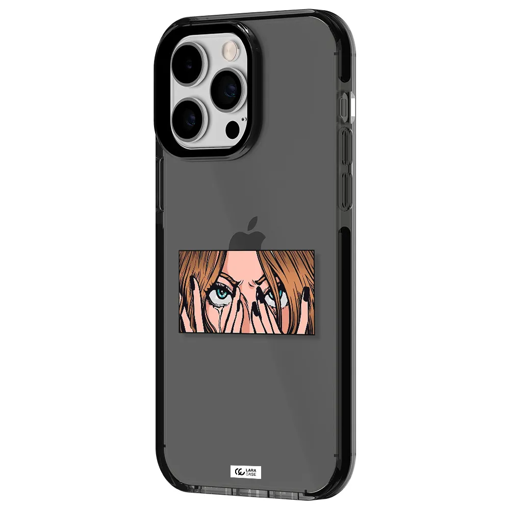 a cartoon of a woman holding her eyes Apple iPhone 14 pro max impact Smoke Black Case