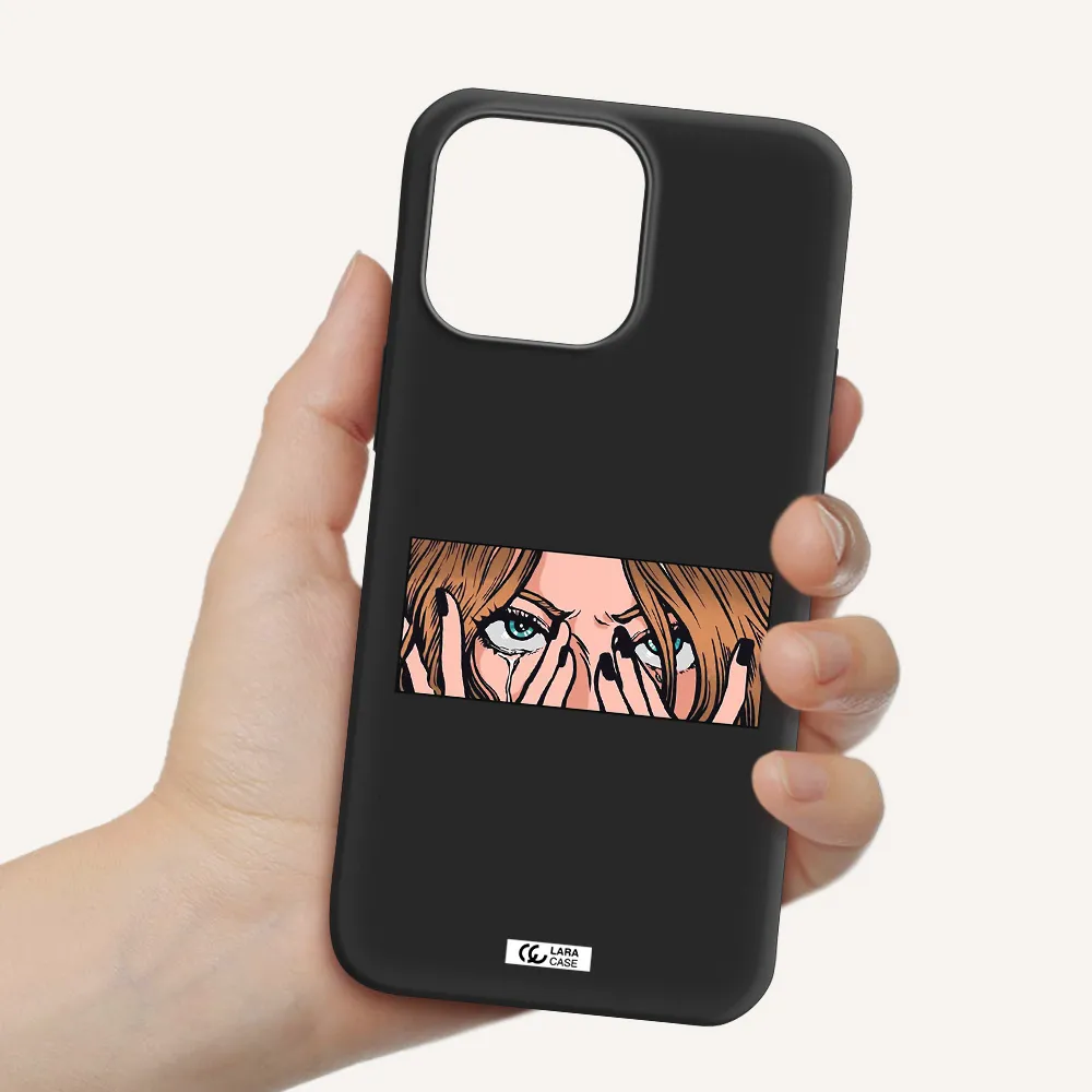 a cartoon of a woman holding her eyes Apple iPhone 14 pro max Silicone black Case