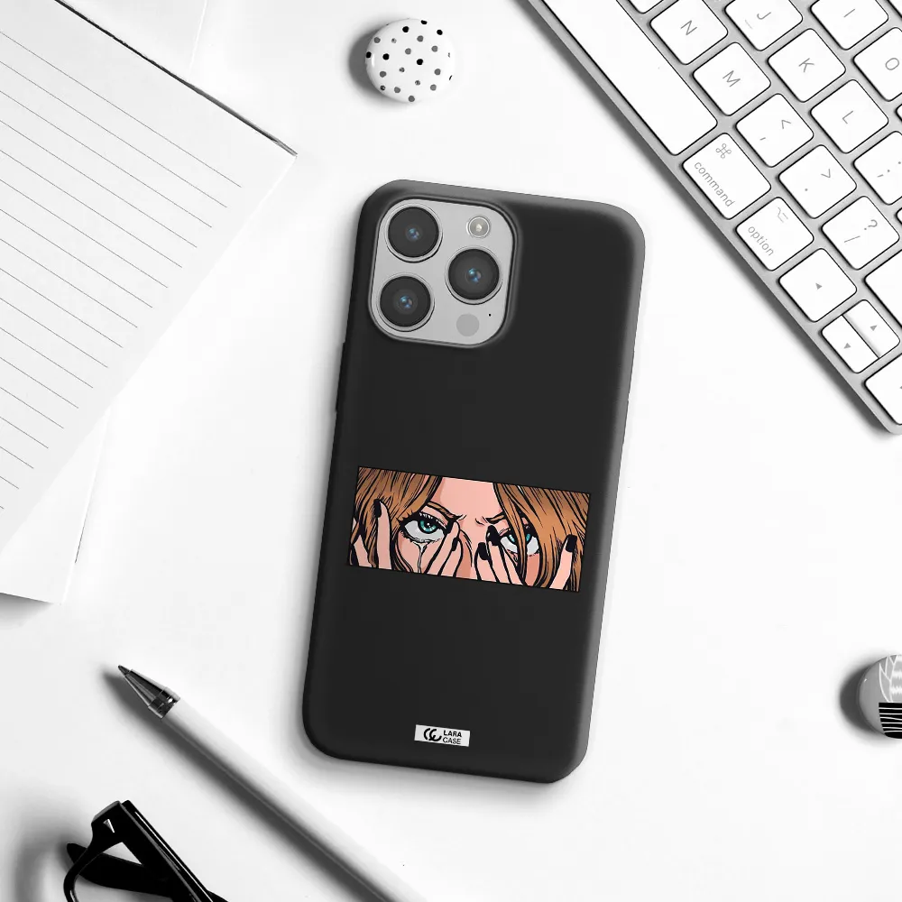 a cartoon of a woman holding her eyes Apple iPhone 14 pro max Silicone black Case