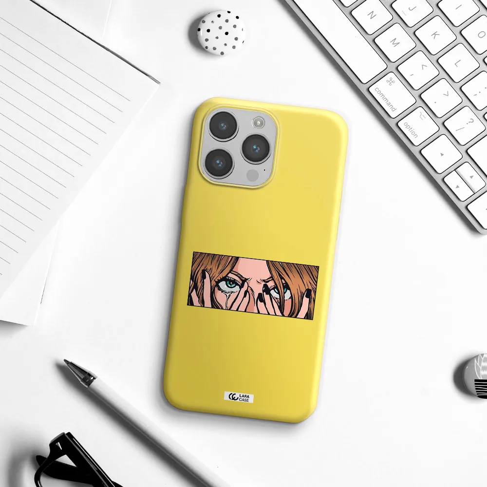 a cartoon of a woman holding her eyes Apple iPhone 14 pro max Silicone canary yellow Case