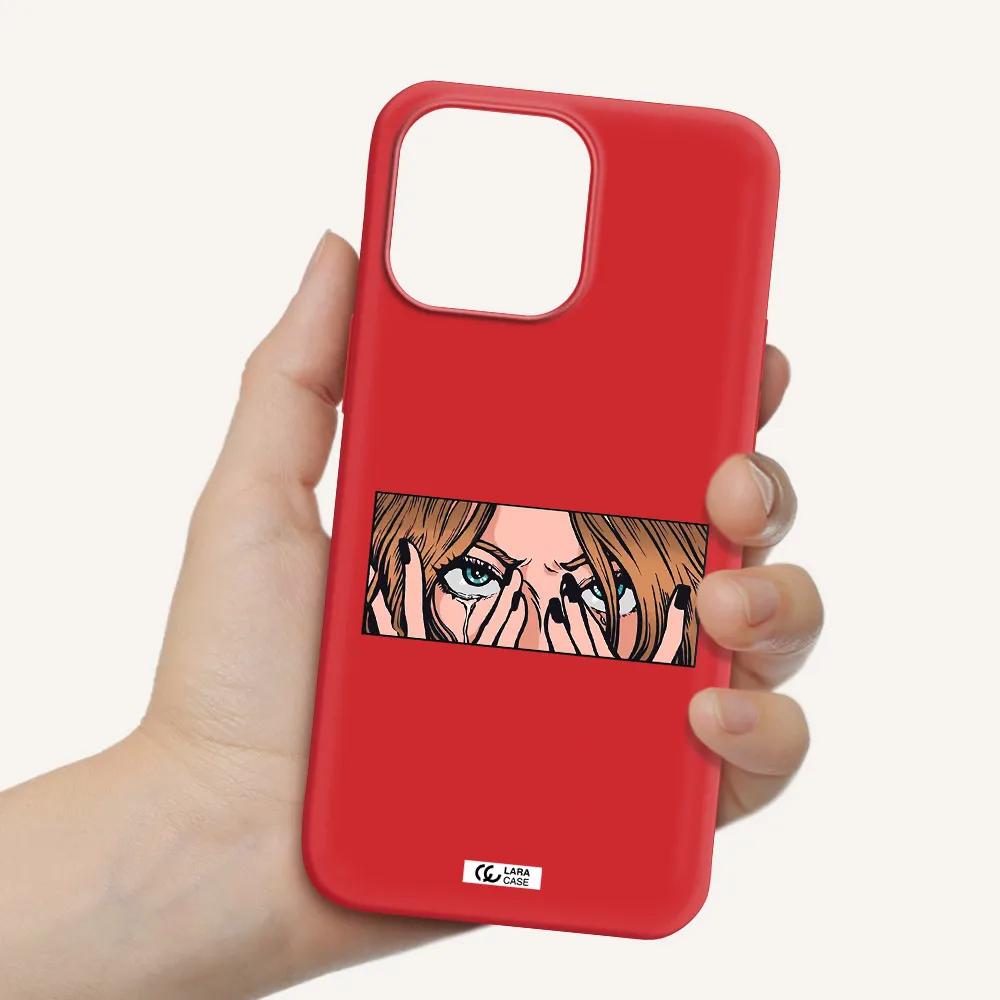 a cartoon of a woman holding her eyes Apple iPhone 14 pro max Silicone Imperial Red Case