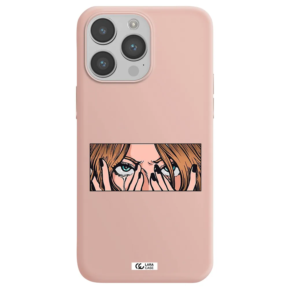 a cartoon of a woman holding her eyes Apple iPhone 14 pro max Silicone pastel pink Case