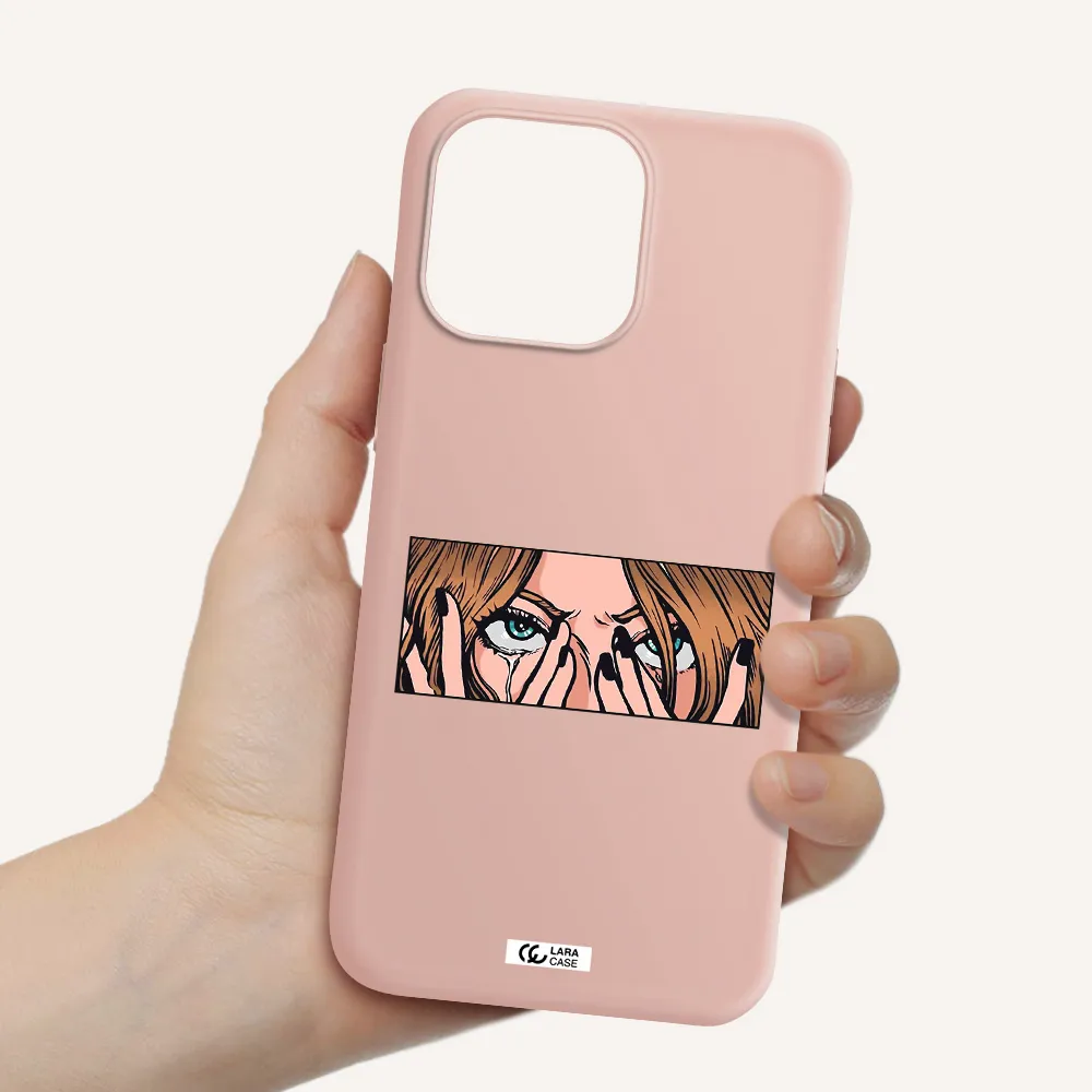 a cartoon of a woman holding her eyes Apple iPhone 14 pro max Silicone pastel pink Case