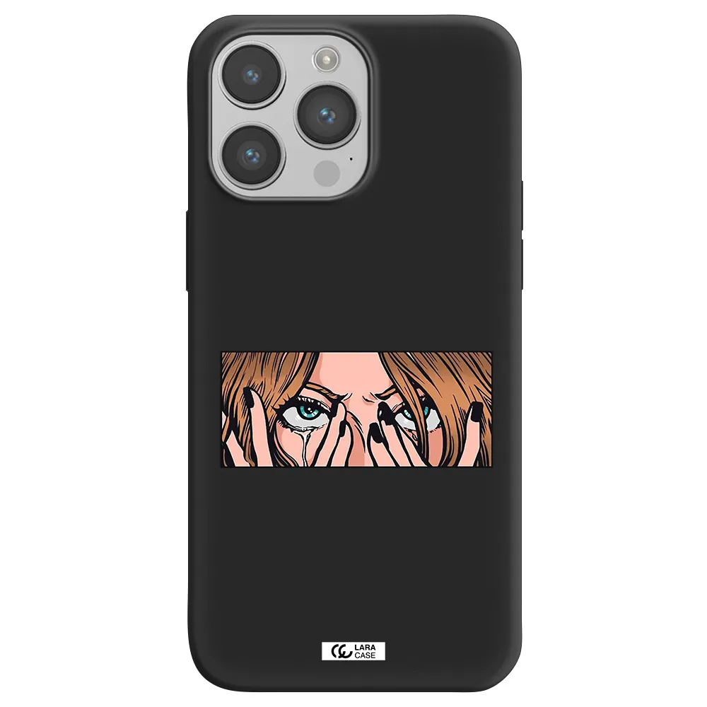 a cartoon of a woman holding her eyes Apple iPhone 14 pro Silicone black Case