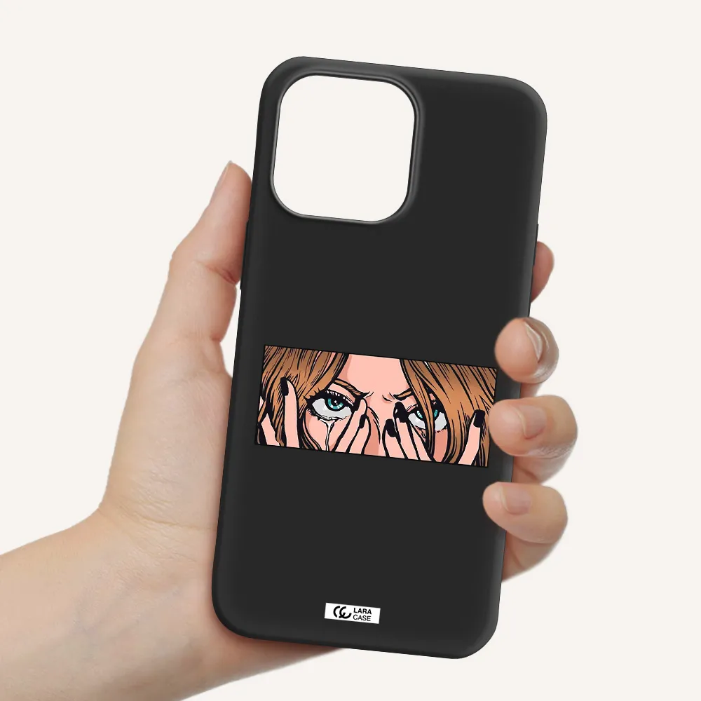 a cartoon of a woman holding her eyes Apple iPhone 14 pro Silicone black Case