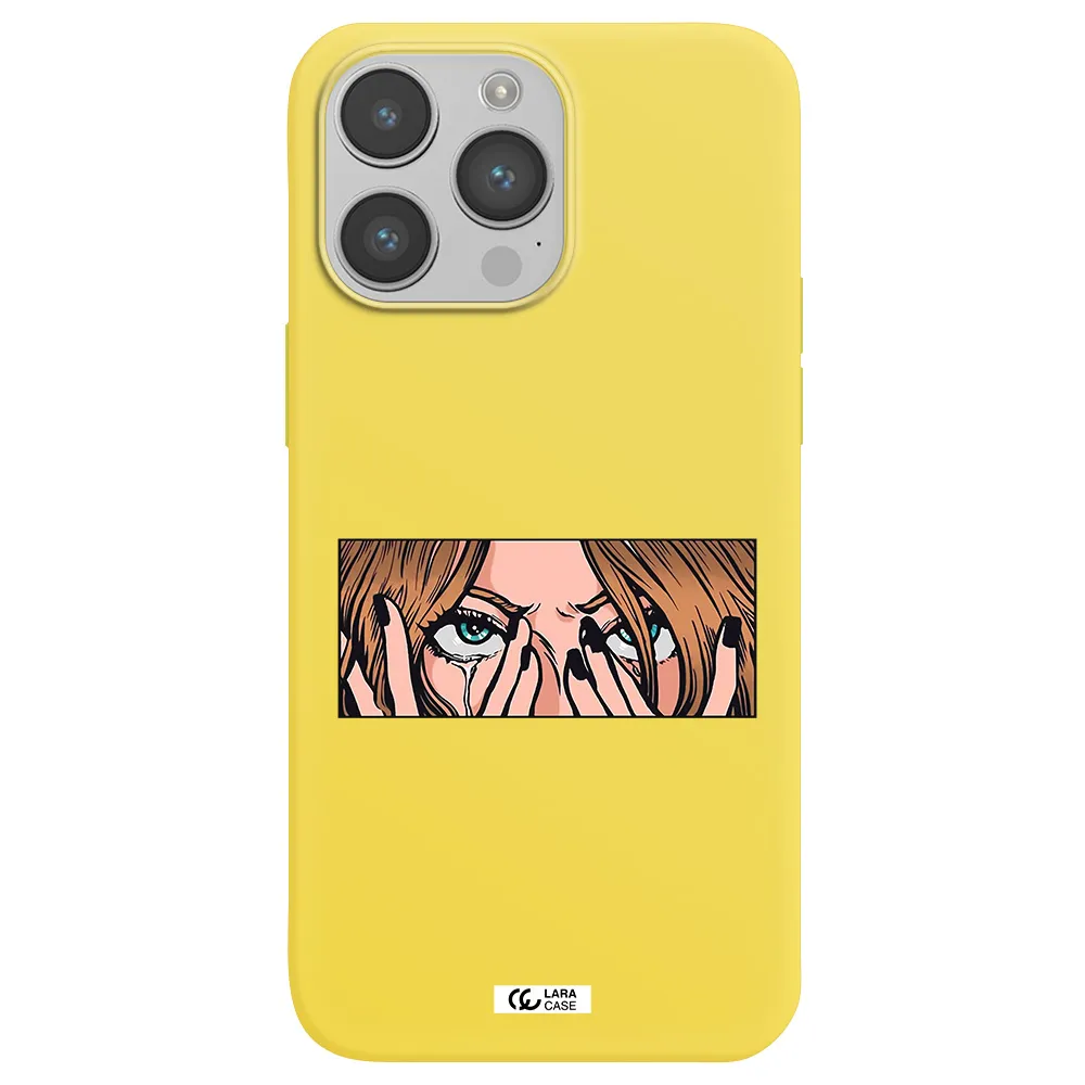 a cartoon of a woman holding her eyes Apple iPhone 14 pro Silicone canary yellow Case