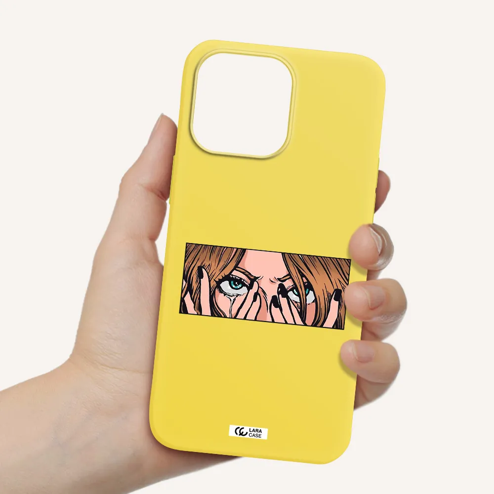 a cartoon of a woman holding her eyes Apple iPhone 14 pro Silicone canary yellow Case