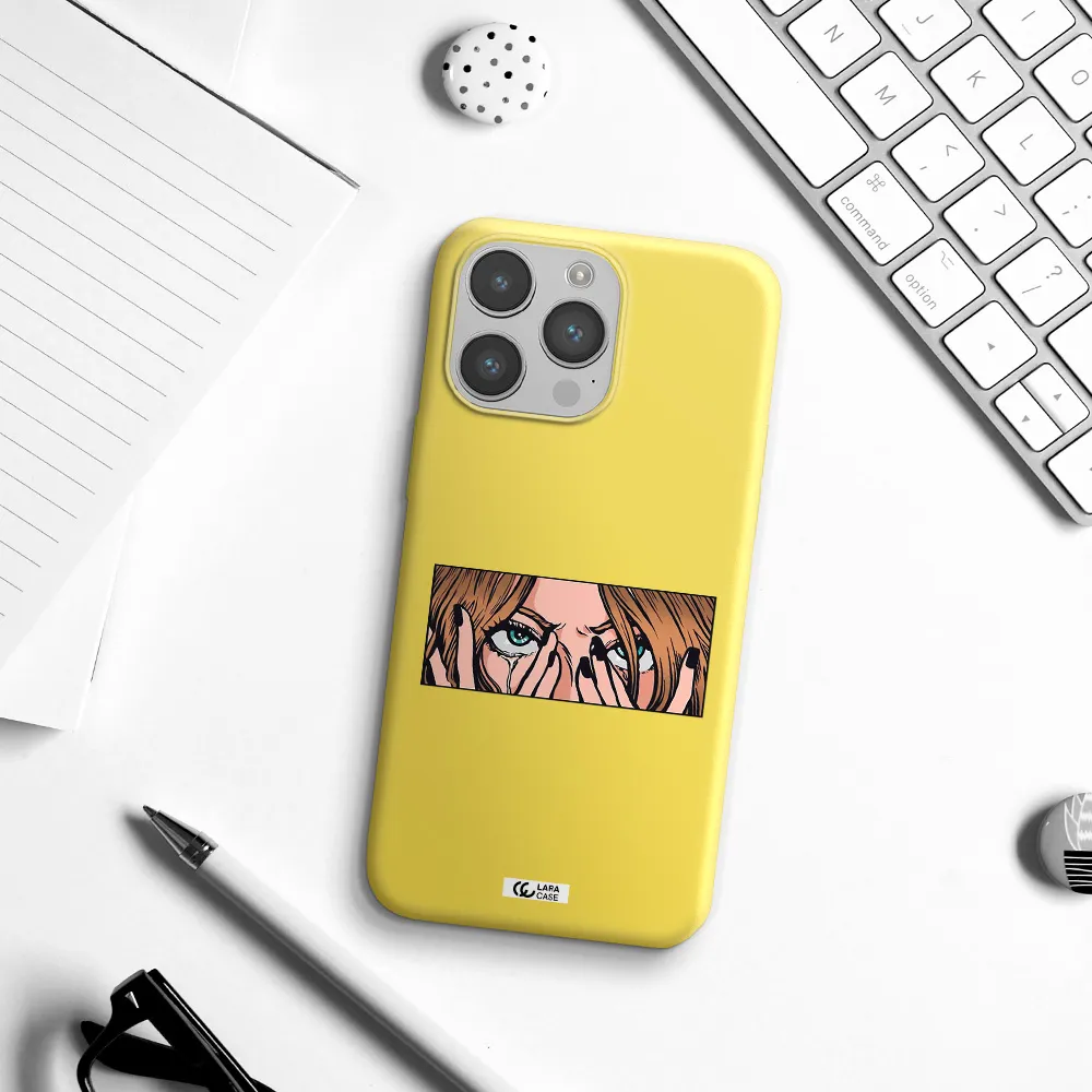 a cartoon of a woman holding her eyes Apple iPhone 14 pro Silicone canary yellow Case