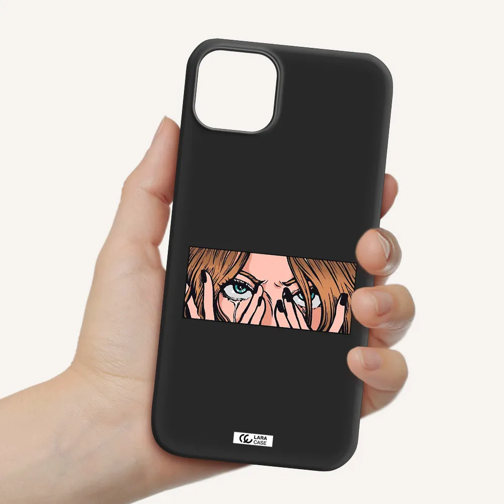 a cartoon of a woman holding her eyes Apple iPhone 14 Silicone black Case