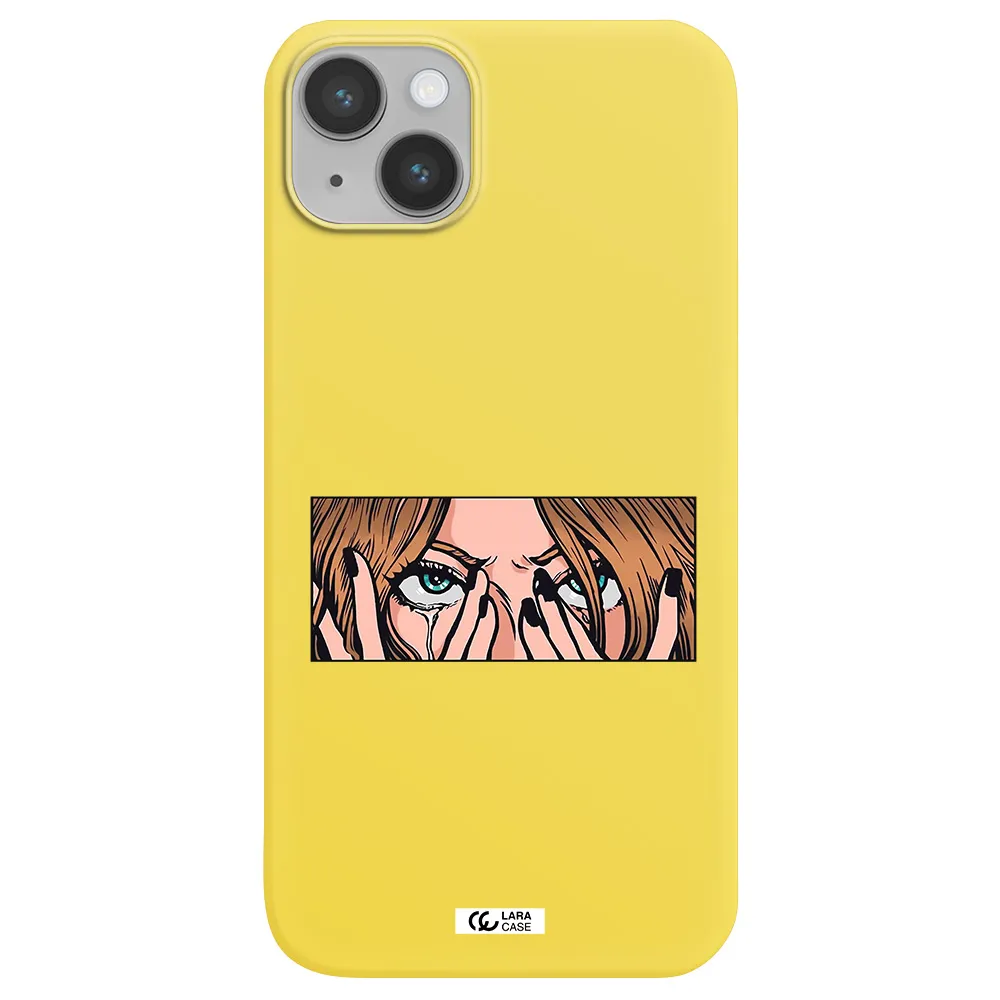 a cartoon of a woman holding her eyes Apple iPhone 14 Silicone canary yellow Case
