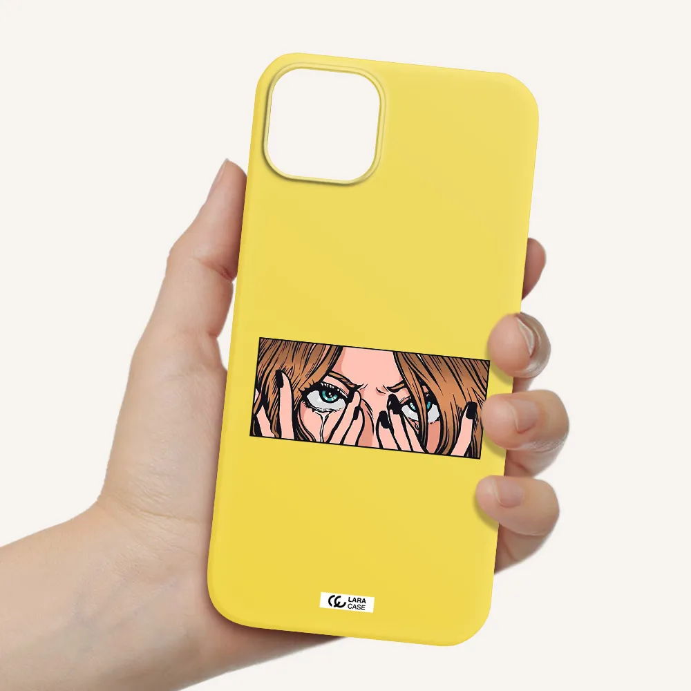 a cartoon of a woman holding her eyes Apple iPhone 14 Silicone canary yellow Case