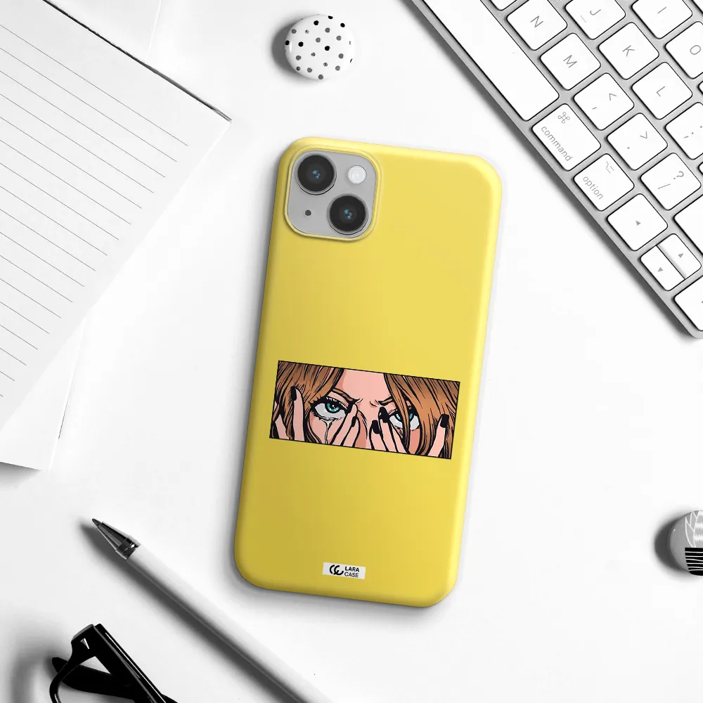 a cartoon of a woman holding her eyes Apple iPhone 14 Silicone canary yellow Case