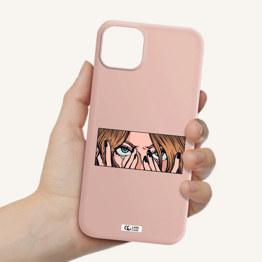 a cartoon of a woman holding her eyes Apple iPhone 14 Silicone pastel pink Case