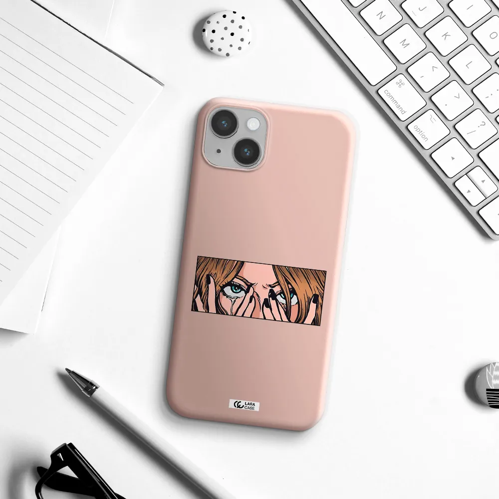 a cartoon of a woman holding her eyes Apple iPhone 14 Silicone pastel pink Case