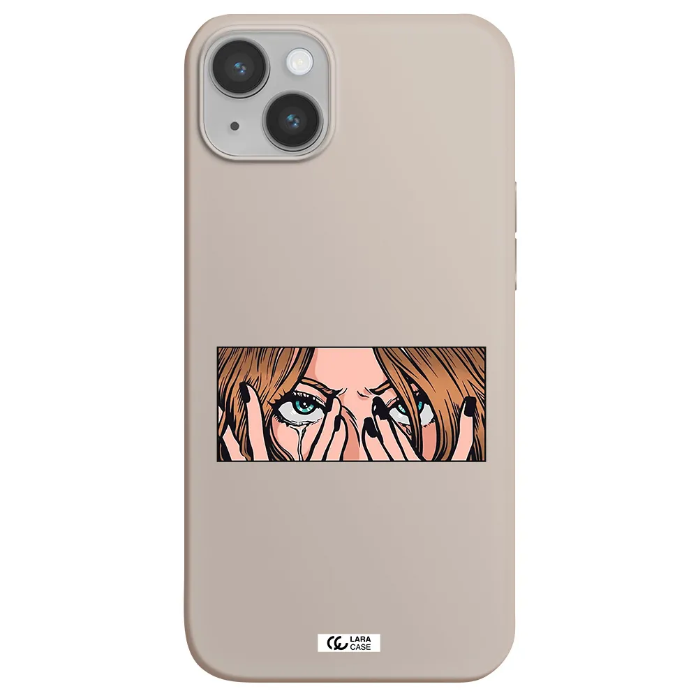 a cartoon of a woman holding her eyes Apple iPhone 14 Silicone Stone Case
