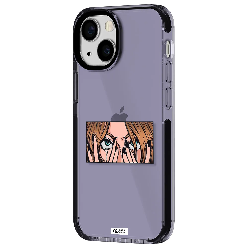 a cartoon of a woman holding her eyes Apple iPhone 15 impact Lilac Case