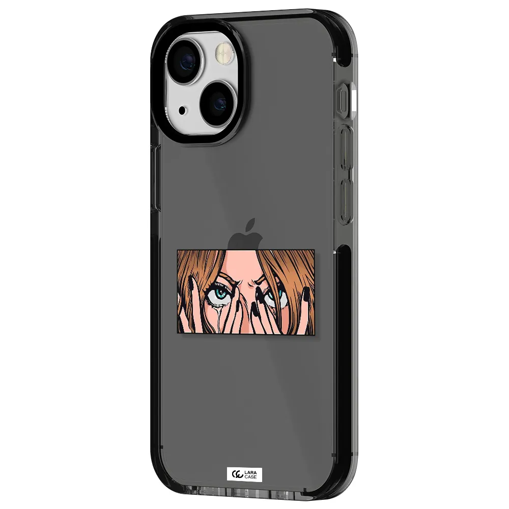 a cartoon of a woman holding her eyes Apple iPhone 15 impact Smoke Black Case