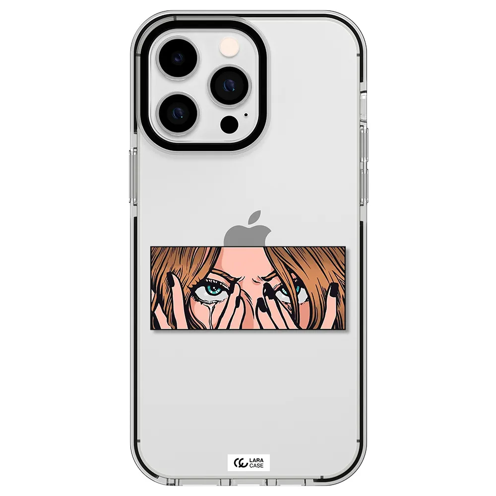 a cartoon of a woman holding her eyes Apple iPhone 15 Pro impact black border Case
