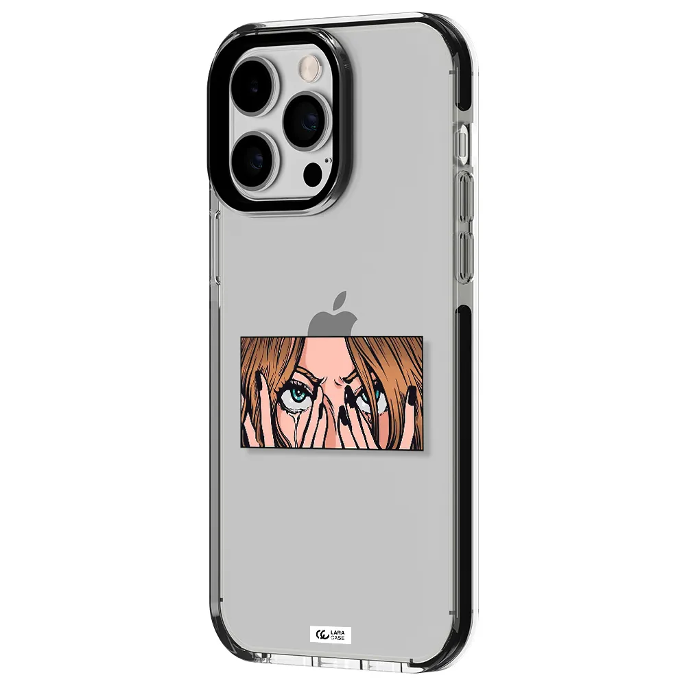a cartoon of a woman holding her eyes Apple iPhone 15 Pro impact black border Case