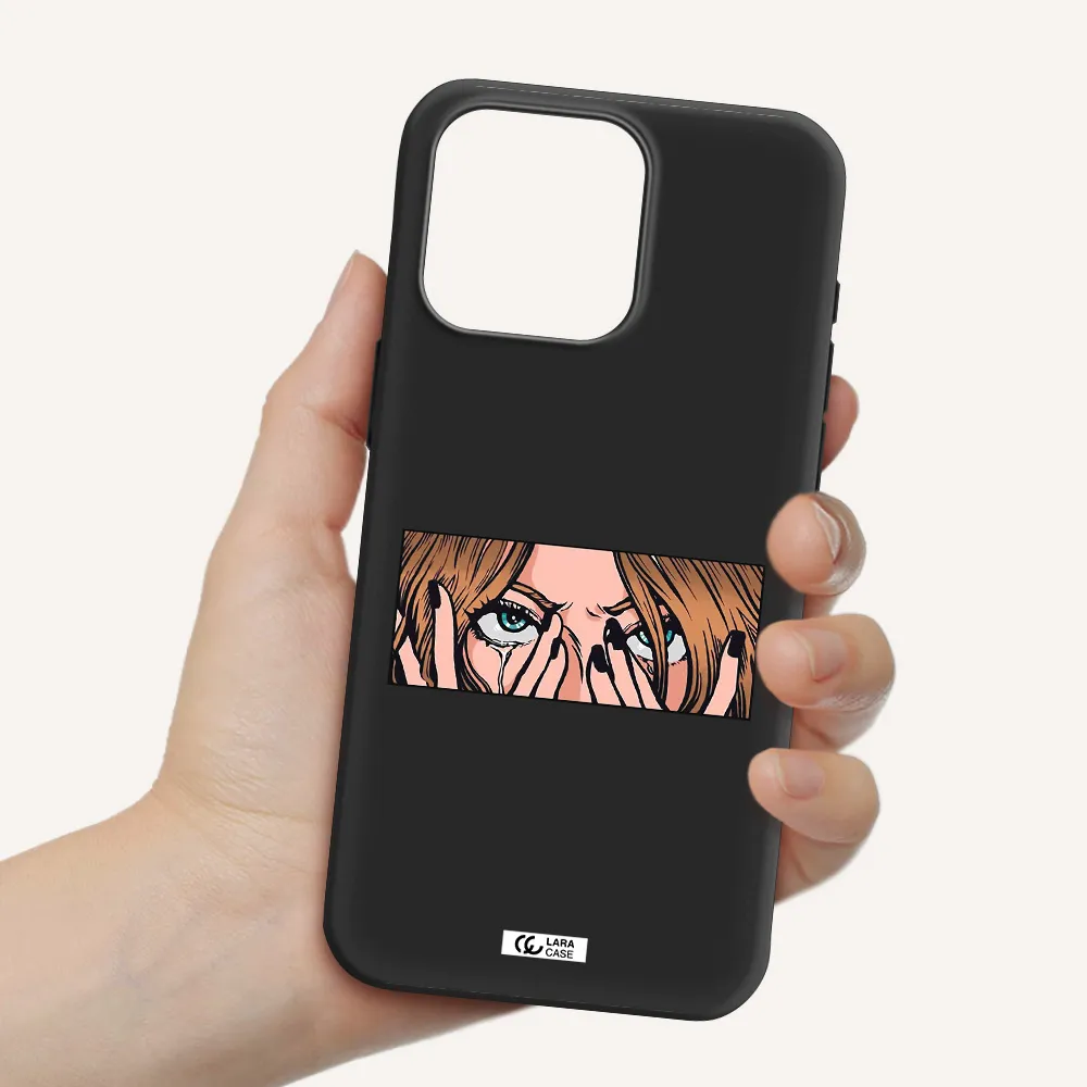 a cartoon of a woman holding her eyes Apple Iphone 15 Pro max Silicone black Case